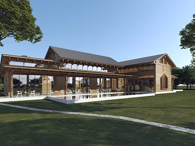 Wooden Rustic Guesthouse Building with Large Glass Windows Open Terrace and Green Grassland 3d model