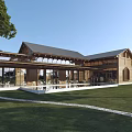 Wooden Rustic Guesthouse Building with Large Glass Windows Open Terrace and Green Grassland