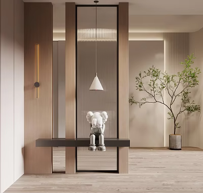 Modern Console Table And Side Cabinet Interior With Pendant Light Green Plant And Decorative Figurine 3d model
