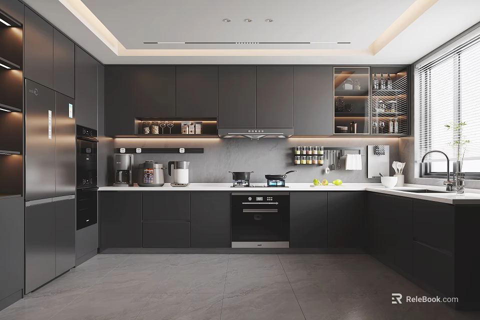 Modern Dark Cabinet Kitchen Interior Design With Appliances Countertop And Window Lighting 3d model 