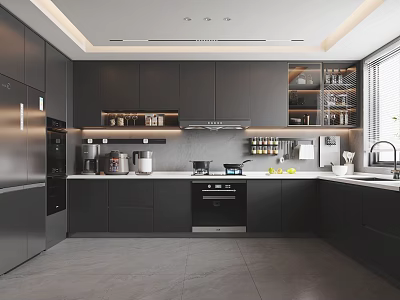 Modern Dark Cabinet Kitchen Interior Design With Appliances Countertop And Window Lighting 3d model
