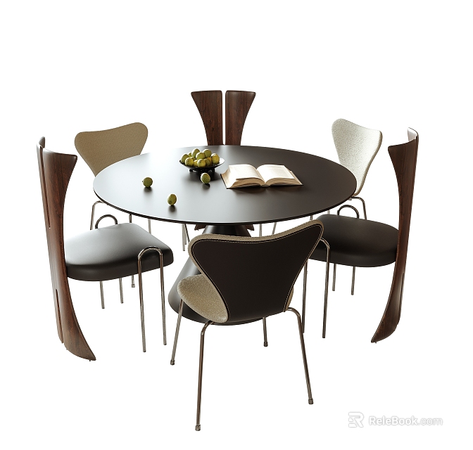 Round Black Dining Table and Chairs Set With Brown Beige Seats Fruit Bowl Open Book 3d model 