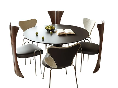 Round Black Dining Table and Chairs Set With Brown Beige Seats Fruit Bowl Open Book 3d model