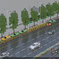Urban Road Facilities With Lanes Vehicles Street Lamps Trees And Traffic Dividers