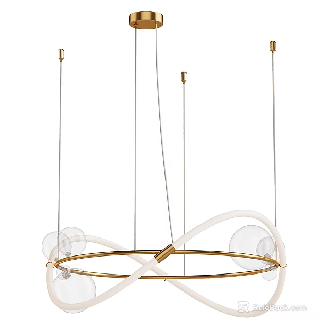Modern Chandelier With Gold Circular Frame Intertwined White Lines And Glass Bubbles 3d model 