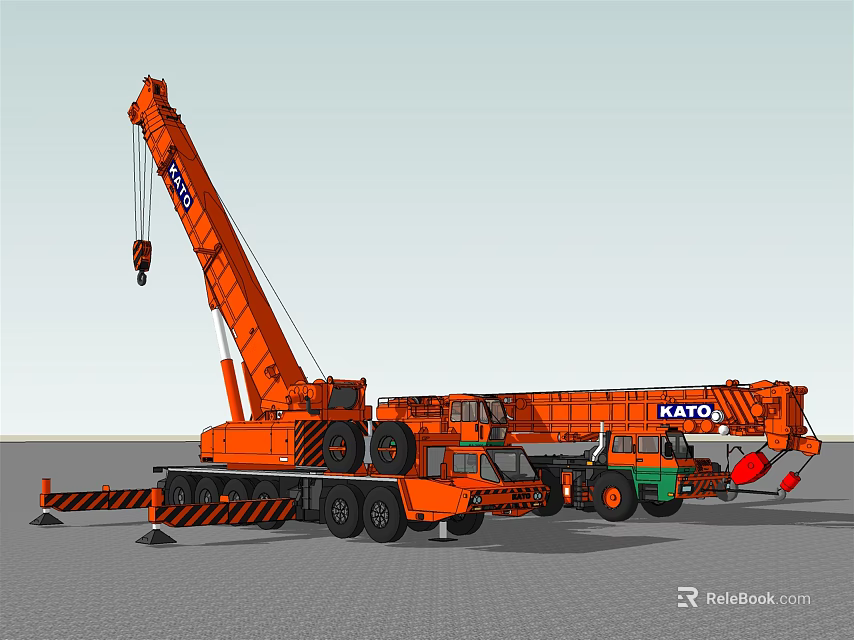 Orange KATO Multiple Crane Utility Vehicles With Heavy Lifting Equipment 3d model 