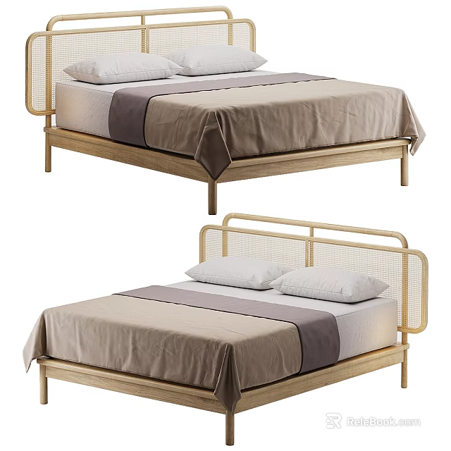 Modern Double Bed With Wooden Frame Rattan Headboard And Light Brown Bed Sheets 3d model 