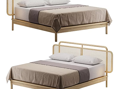 Modern Double Bed With Wooden Frame Rattan Headboard And Light Brown Bed Sheets 3d model