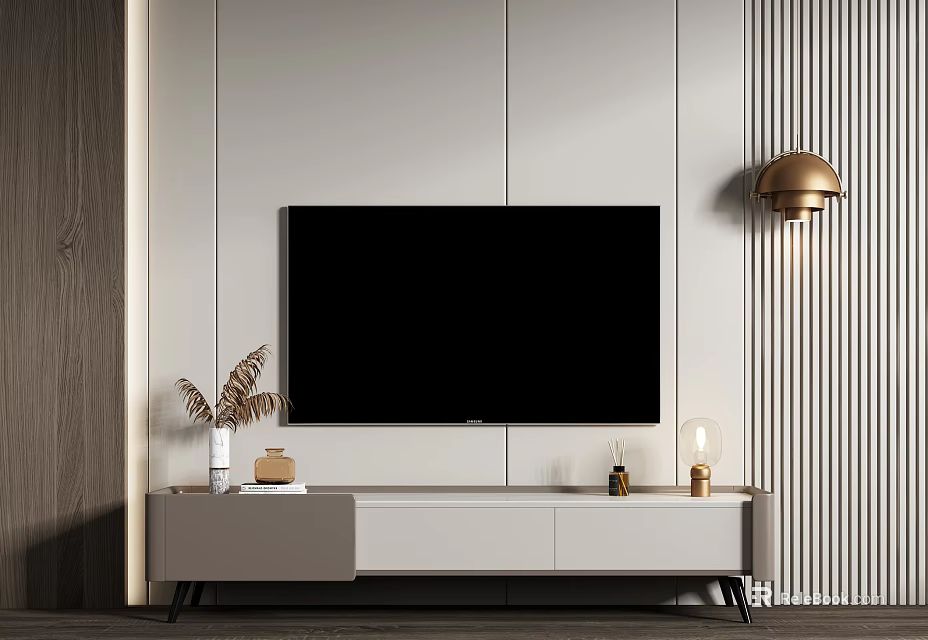 Modern White TV Stand With Flat Screen TV Brass Wall Lamp And Decorative Items 3d model 
