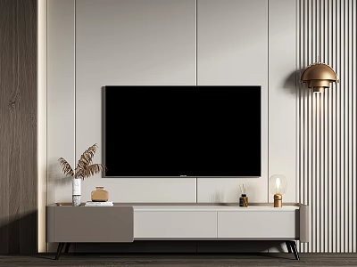 Modern White TV Stand With Flat Screen TV Brass Wall Lamp And Decorative Items 3d model