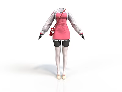 Pink Dress With White Long Sleeves Black Shorts White Socks Beige Shoes And Red Bag 3d model