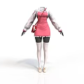 Pink Dress With White Long Sleeves Black Shorts White Socks Beige Shoes And Red Bag