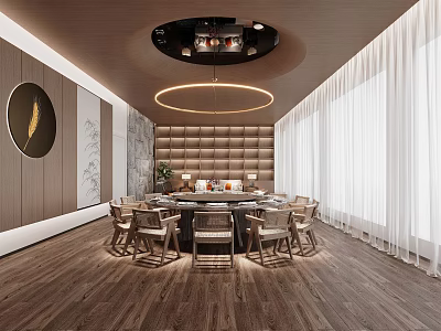 Elegant Private Room Interior With Circular Dining Table Chairs Decorative Painting And Round Ceiling Lamp 3d model