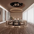 Elegant Private Room Interior With Circular Dining Table Chairs Decorative Painting And Round Ceiling Lamp