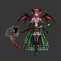 Fantasy Woman With Pink Hair Red Horns Red Wings In Green White Outfit Holding Weapon