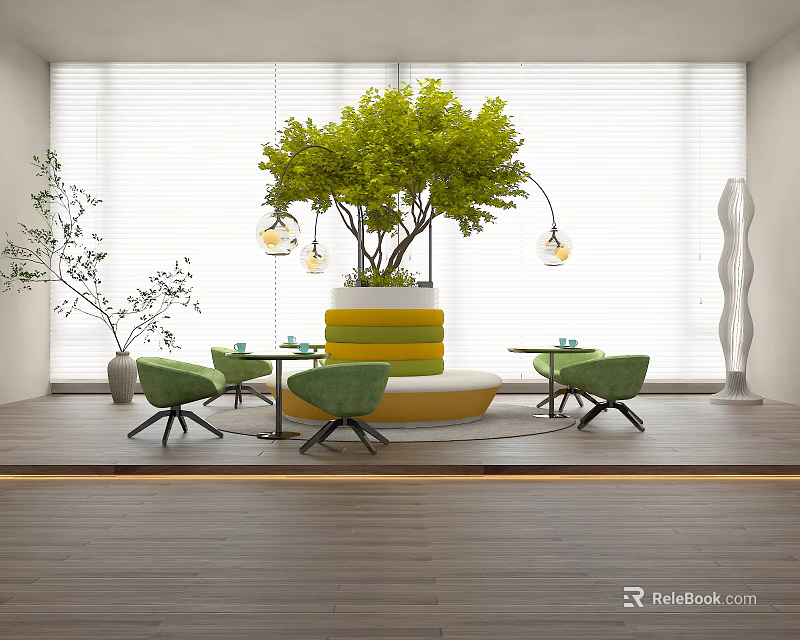 Modern Green Outdoor Chairs With Round Table Hanging Lights And Potted Plants Near Blinds 3d model 