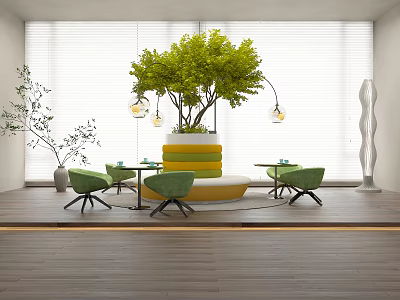 Modern Green Outdoor Chairs With Round Table Hanging Lights And Potted Plants Near Blinds 3d model