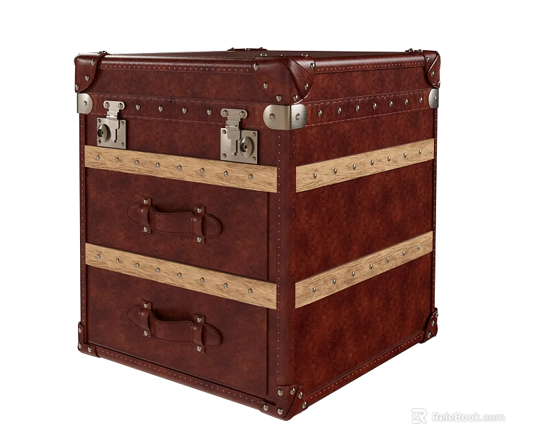 Vintage Brown Leather Storage Chest With Two Drawers Wooden Stripes And Metal Hardware 3d model 