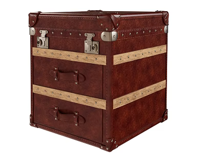 Vintage Brown Leather Storage Chest With Two Drawers Wooden Stripes And Metal Hardware 3d model