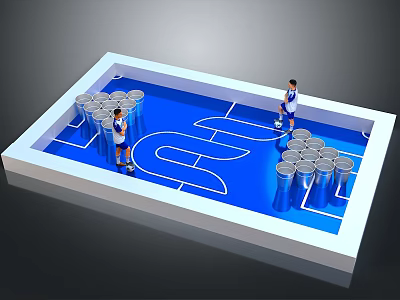 Basketball Court With Blue Surface And Stacked Metal Barrels Setup 3d model