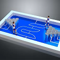 Basketball Court With Blue Surface And Stacked Metal Barrels Setup
