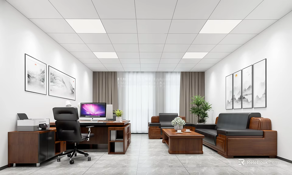 Modern Office Interior Design With Desk Computer Sofa Coffee Table Green Plants Wall Paintings Lighting 3d model