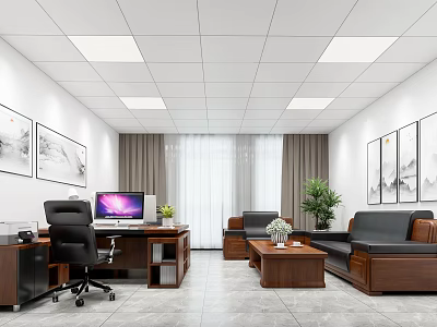 Modern Office Interior Design With Desk Computer Sofa Coffee Table Green Plants Wall Paintings Lighting 3d model