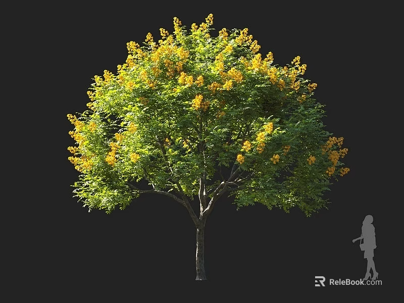 Blooming Tree With Green Leaves And Yellow Flowers Featuring Human Figure For Scale 3d model 