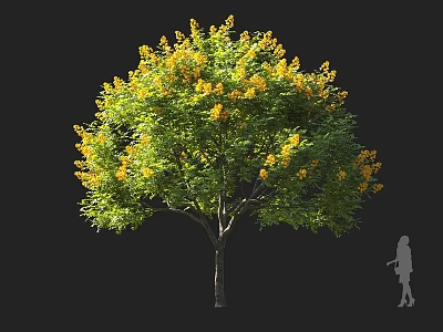 Blooming Tree With Green Leaves And Yellow Flowers Featuring Human Figure For Scale 3d model