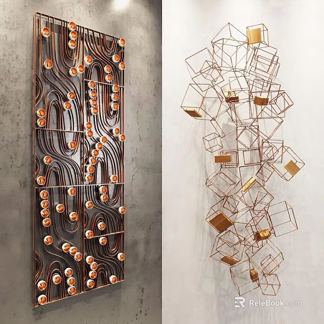 Modern Metallic Wall Decor With Wave Patterns And Geometric Copper Frames 3d model