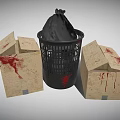 Black Trash Can With Plastic Bag And Cardboard Boxes With Blood Stains