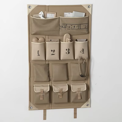 Beige Fabric Wall Mounted Storage Basket With Multiple Pockets And Number Labels 3d model