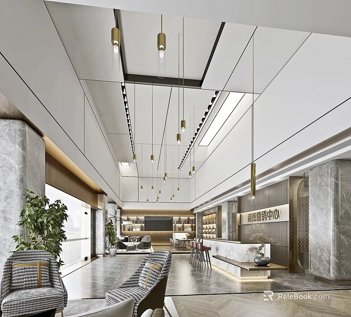 Modern Front Desk Reception Area With Marble Counter Hanging Lights And Green Plants 3d model 