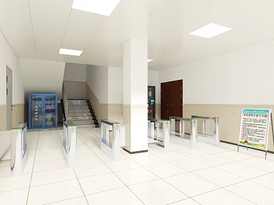 Public Facility Interior With White Tiled Floor Square Ceiling Lights Turnstiles Blue Lockers And Staircase 3d model