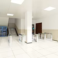 Public Facility Interior With White Tiled Floor Square Ceiling Lights Turnstiles Blue Lockers And Staircase