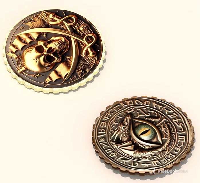 Decorative Metallic Badges With Skull Eye Design And Intricate Inscriptions 3d model 