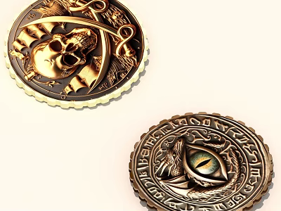 Decorative Metallic Badges With Skull Eye Design And Intricate Inscriptions 3d model