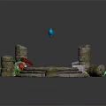 Ancient Stone Scene Components With Circular Platform Pillars Red Flowers Blue Gem And Green Plants