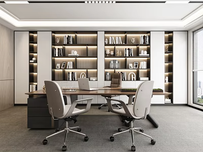 Modern Office Interior With Open Bookshelves Desk Chairs And Floor To Ceiling Windows 3d model