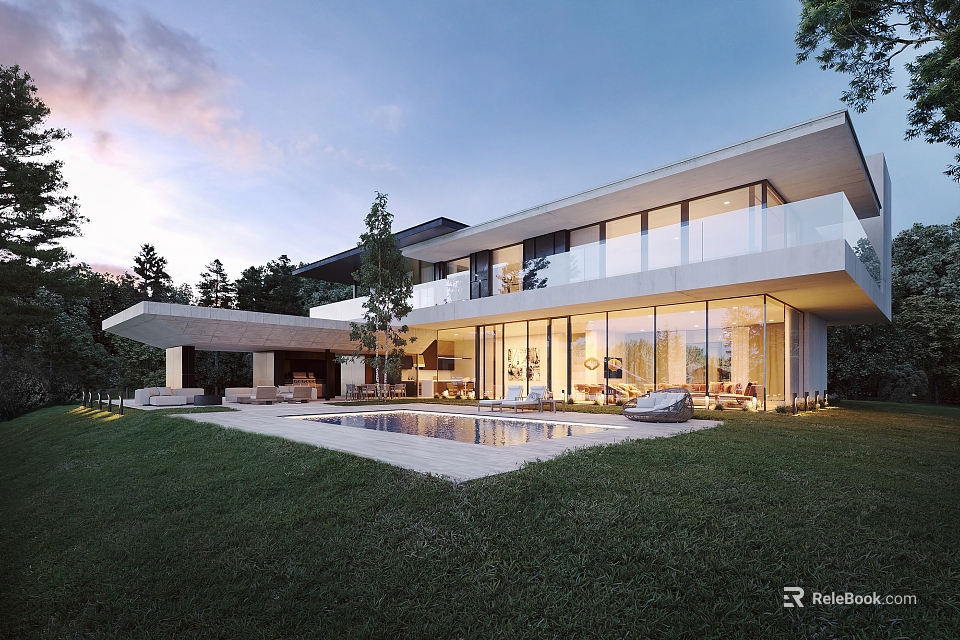 Modern Detached Villa With Large Glass Windows Swimming Pool Green Lawn And Trees 3d model 
