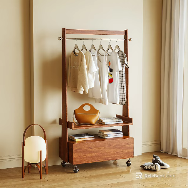 Wooden Garment Rack with Hanging Rod Shelves Drawer and Storage for Bedroom 3d model 