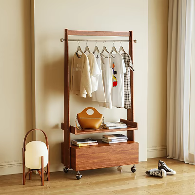 Wooden Garment Rack with Hanging Rod Shelves Drawer and Storage for Bedroom 3d model