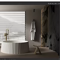 Modern Bathroom Interior Featuring White Bathtub Window Blinds Textured Wall And Wooden Stool
