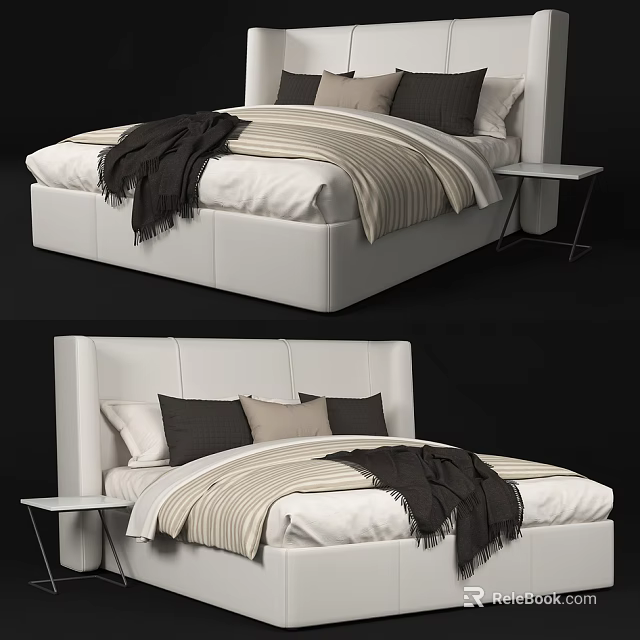 White Double Bed With Upholstered Headboard Striped Comforter Dark Blanket And Side Table 3d model