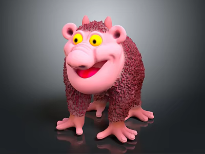 Cute Pink Furry 3D Character Creature With Yellow Eyes Smiling Face And Small Horns 3d model