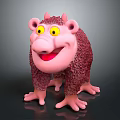 Cute Pink Furry 3D Character Creature With Yellow Eyes Smiling Face And Small Horns