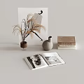 Elegant Decorative Ornament Set With Dried Pampas Grass Vase Ceramic Jug Stacked And Open Books