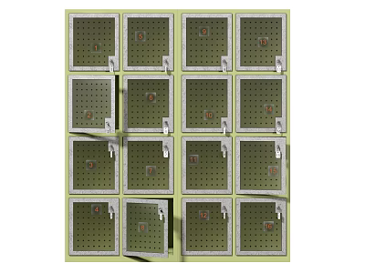Green Metal Lockers With Multiple Compartments And Some Open Doors 3d model