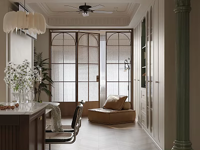 Modern Dining and Living Room Interior With Arched Windows Pendant Lights and Cozy Seating 3d model