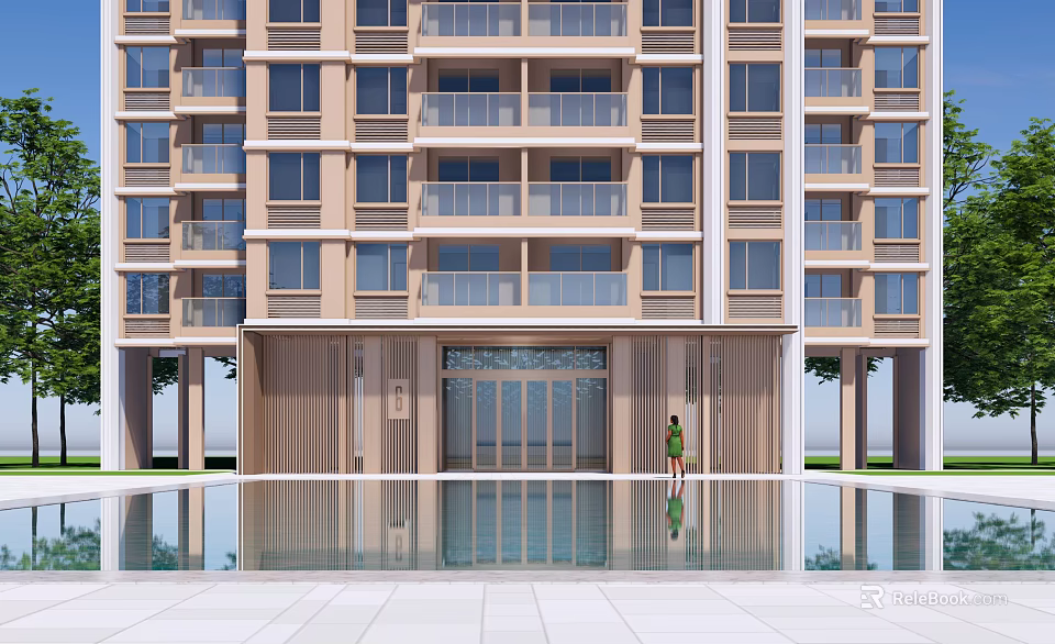 Modern High Rise Apartment Entrance Gate With Glass Doors Water Pool And Reflection 3d model 